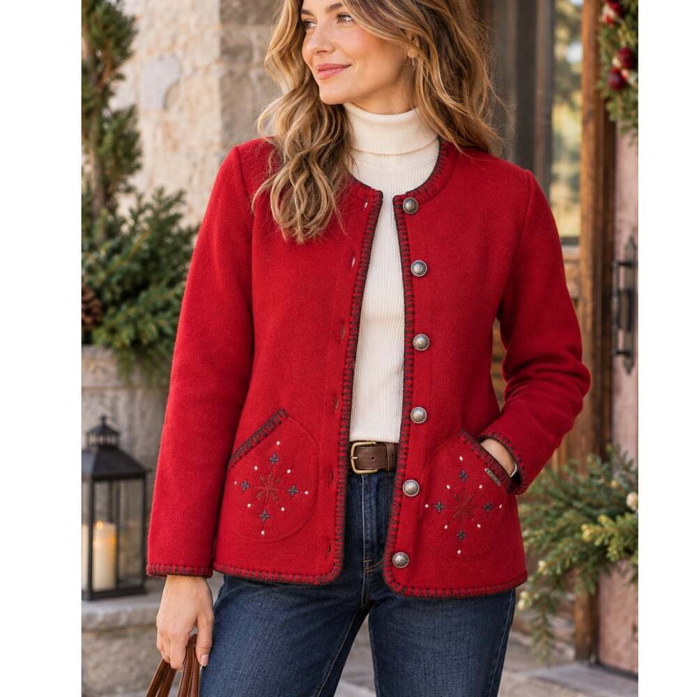 Vintage Geiger Austrian Wool Jacket Red Embroidered Tyrolean Trachten Size 10/40